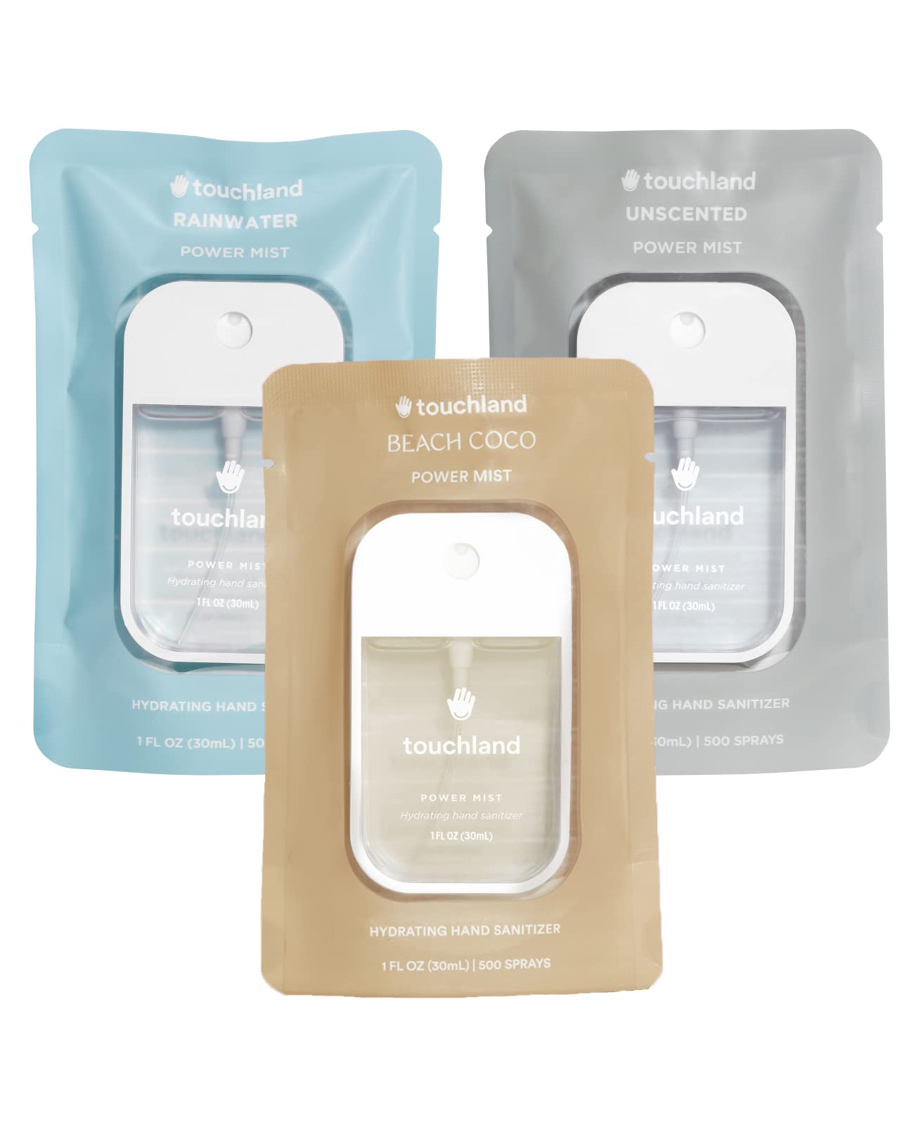 Touchland Rainwater sanitizer spray bottle for quick, refreshing germ protection on the go.