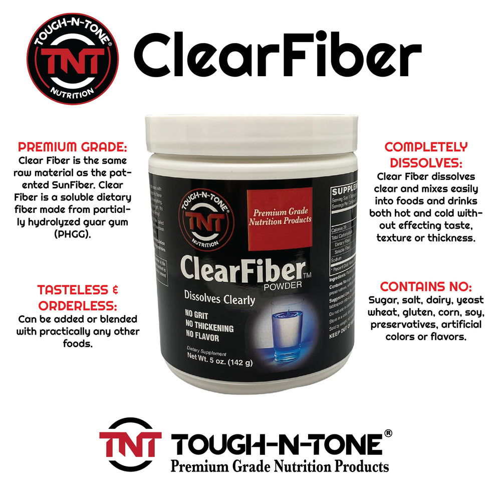 TOUGH-N-TONE ClearFiber no sugar label highlights a clean fiber option.