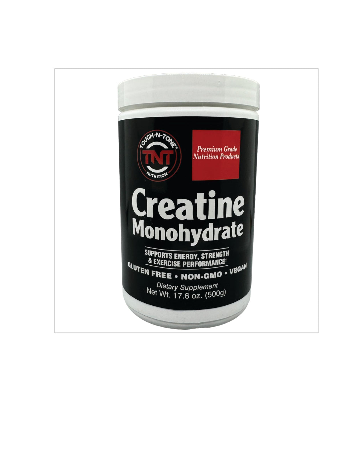 TOUGH-N-TONE Creatine tub close-up highlighting premium powder for strength support.