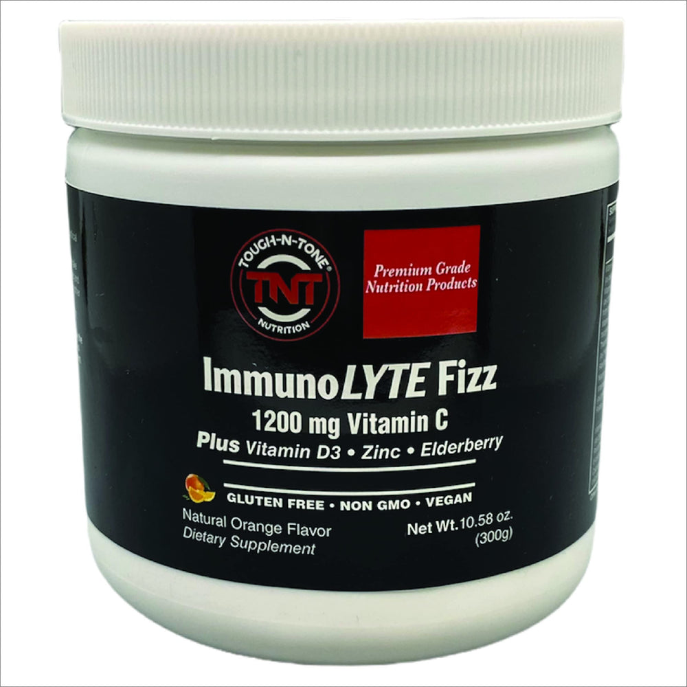 TOUGH-N-TONE ImmunoLYTE Fizz bottle highlighting immune support and hydration.