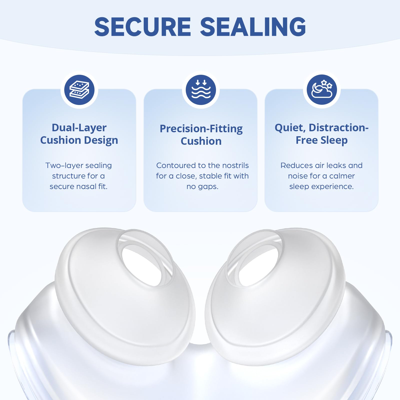 TOY MANIAC nasal pillow cushion highlights dual-wall seal for all-night comfort.