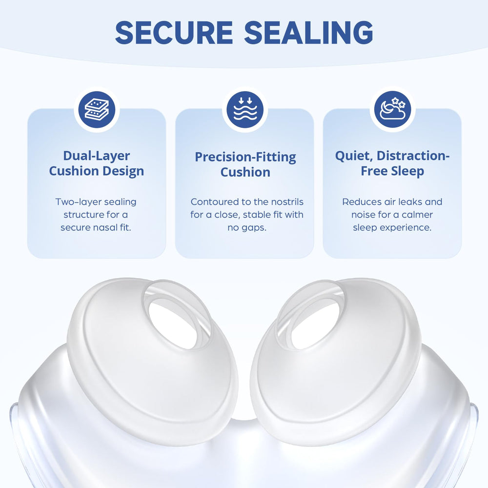 TOY MANIAC nasal pillow cushion highlights dual-wall seal for all-night comfort.