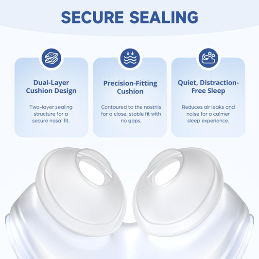TOY MANIAC nasal pillow cushion highlights dual-wall seal for all-night comfort.