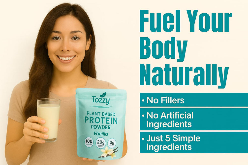 TOZZY Vanilla protein powder being poured; smooth texture.