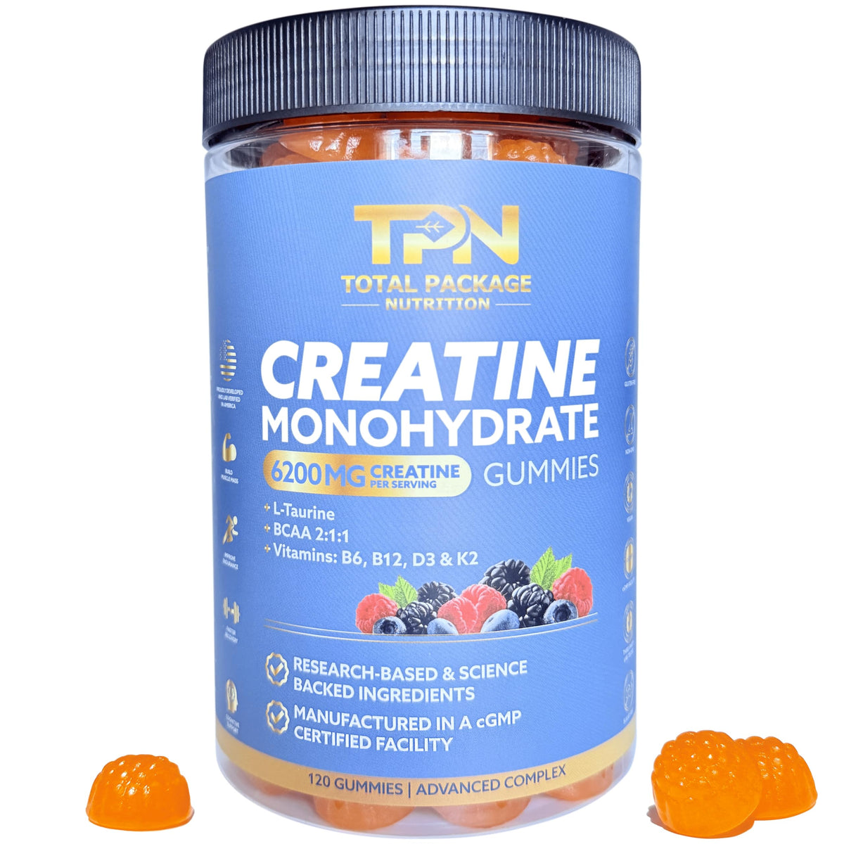 TPN Total Package Nutrition Creatine Monohydrate Gummies bottle front in berry flavor for vegan athletes.