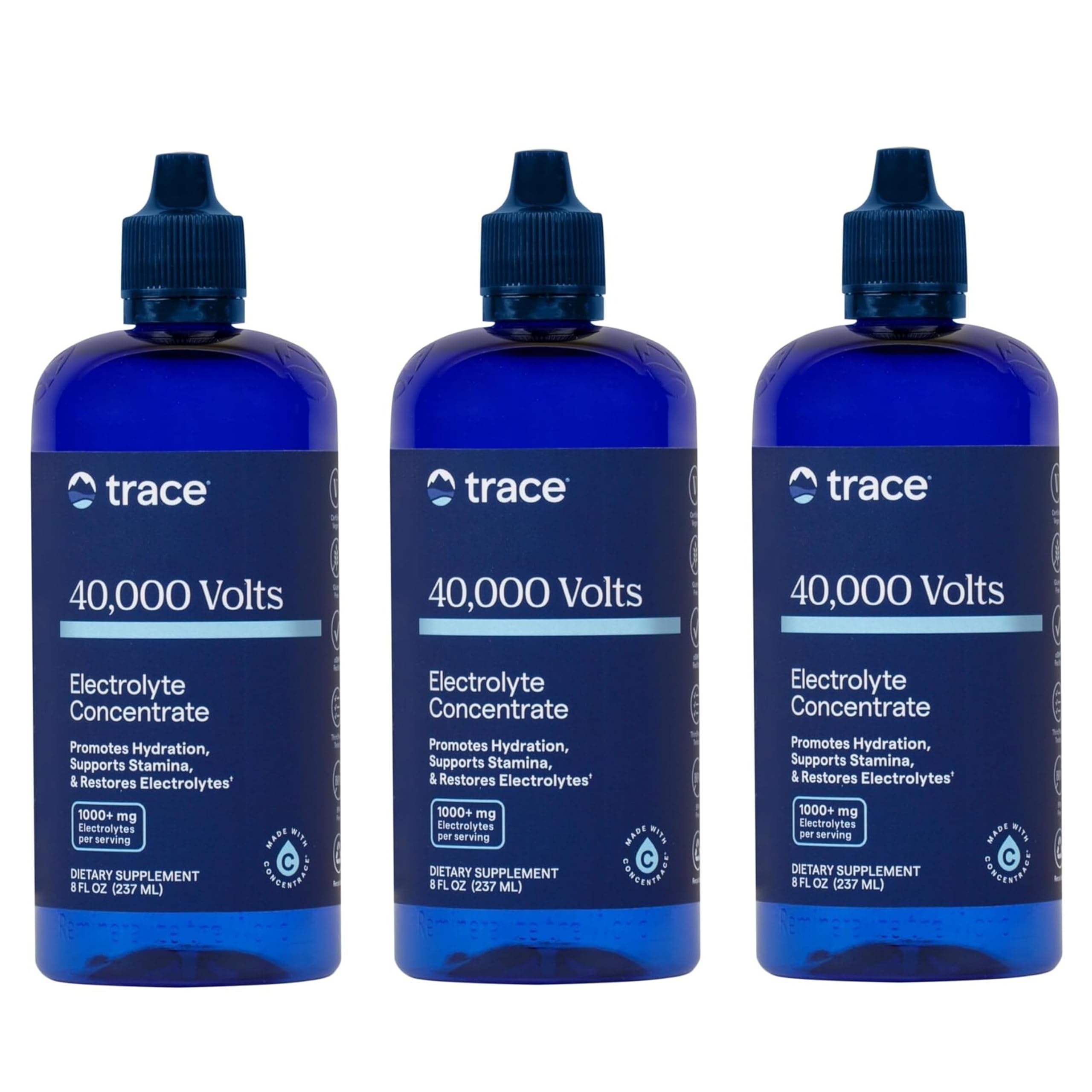 Trace Minerals 40,000 Volts bottle showing ionic minerals for daily hydration support
