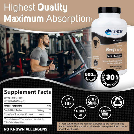 Trace Minerals beef liver bottle label closeup for energy support.