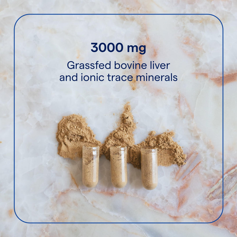 Trace Minerals beef liver supplement on kitchen counter for wellness.