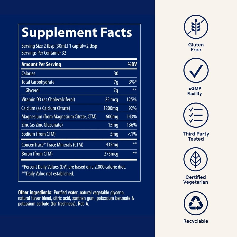 Trace Minerals Cal/Mag/Zinc gluten-free label signals clean daily supplementation.