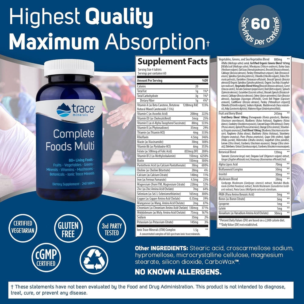 Trace Minerals Complete Foods Multi label closeup, highlights whole-food blend and mineral profile.