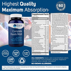 Trace Minerals Complete Foods Multi label closeup, highlights whole-food blend and mineral profile.