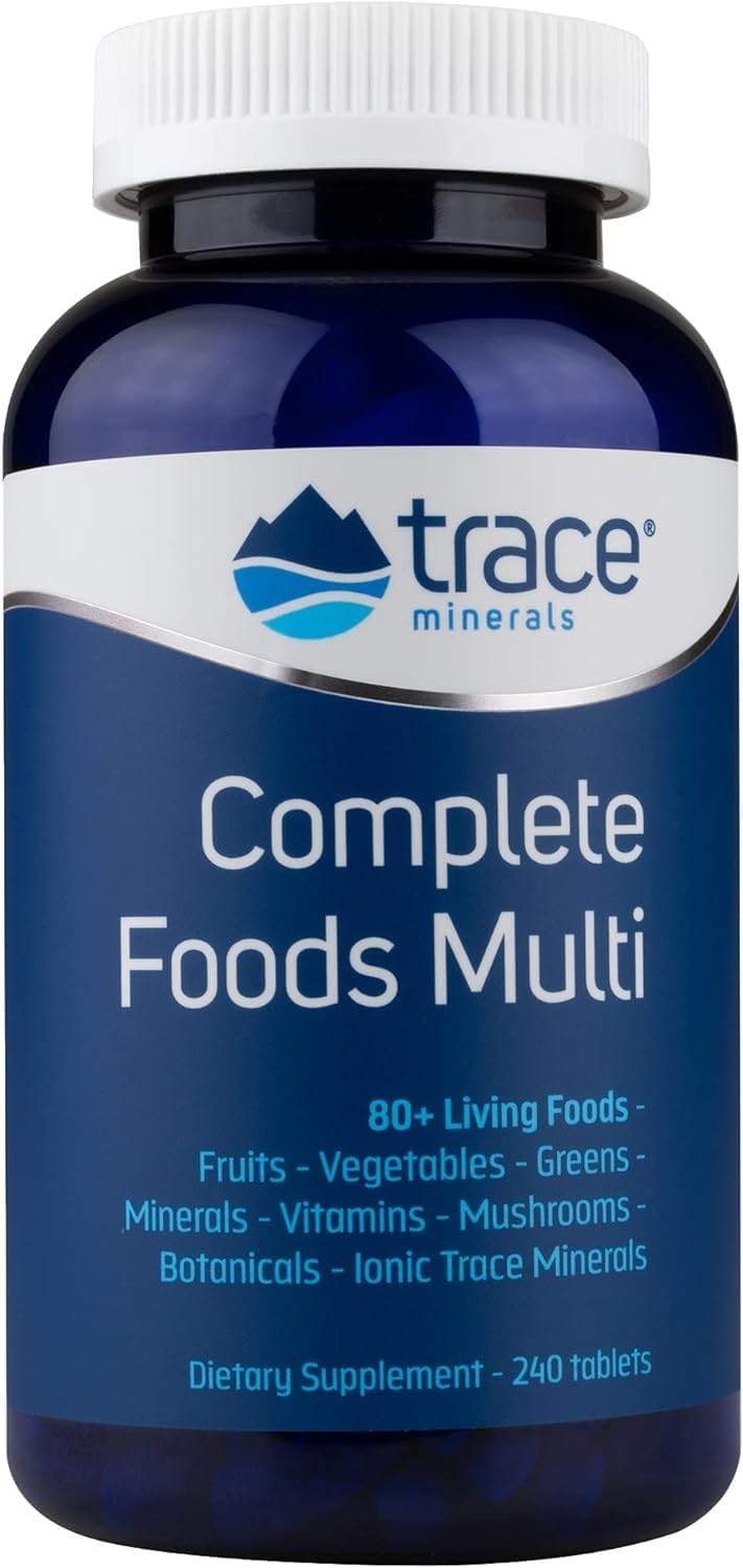 Trace Minerals Complete Foods Multi tablets in bottle front, potential daily energy support.