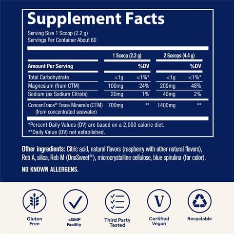 Trace Minerals ConcenTrace Daily Mineral Powder ingredient list highlights 70+ minerals