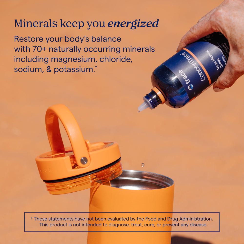 Hand holding Trace Minerals ConcenTrace bottle for everyday remineralization