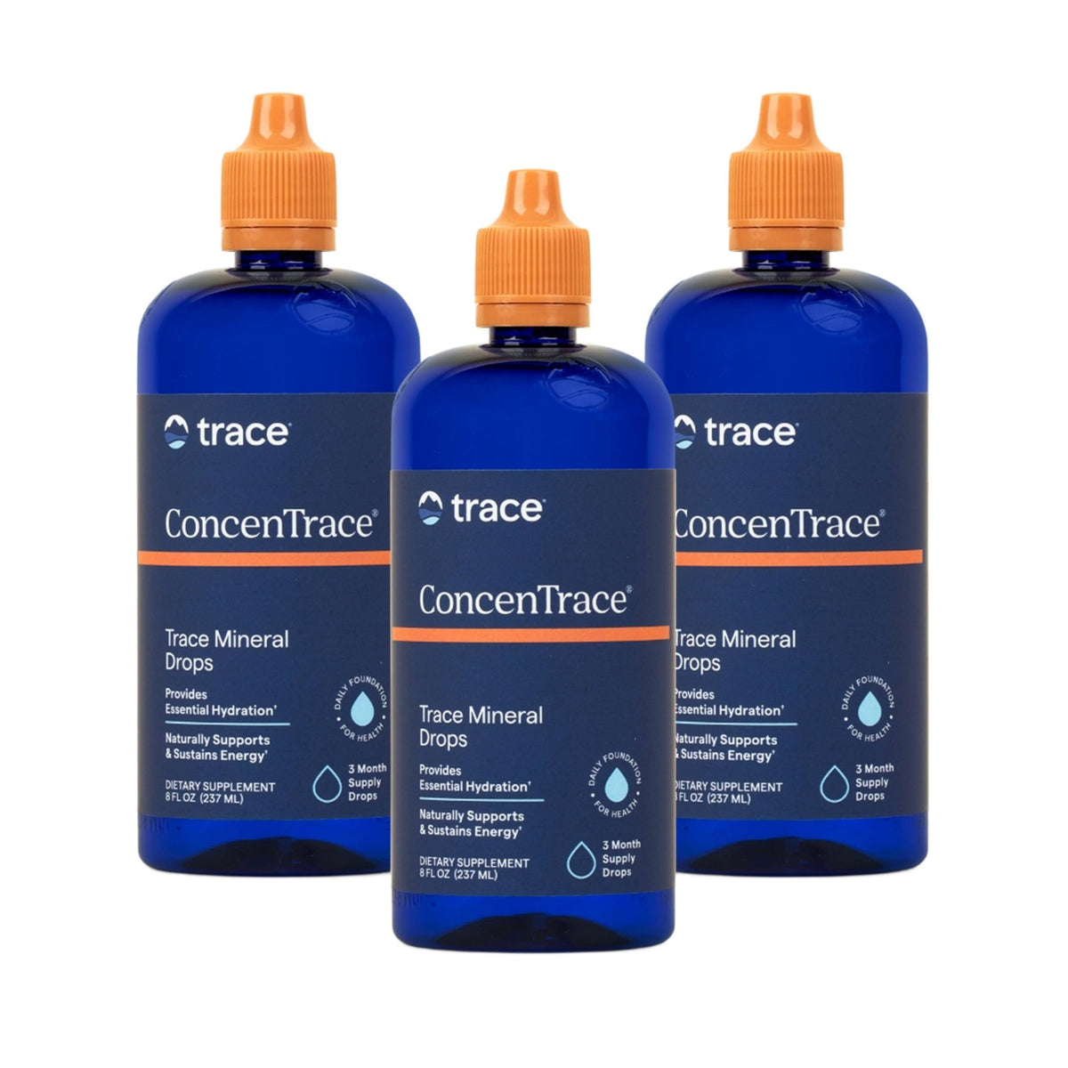 Trace Minerals ConcenTrace liquid bottle on counter for hydration support
