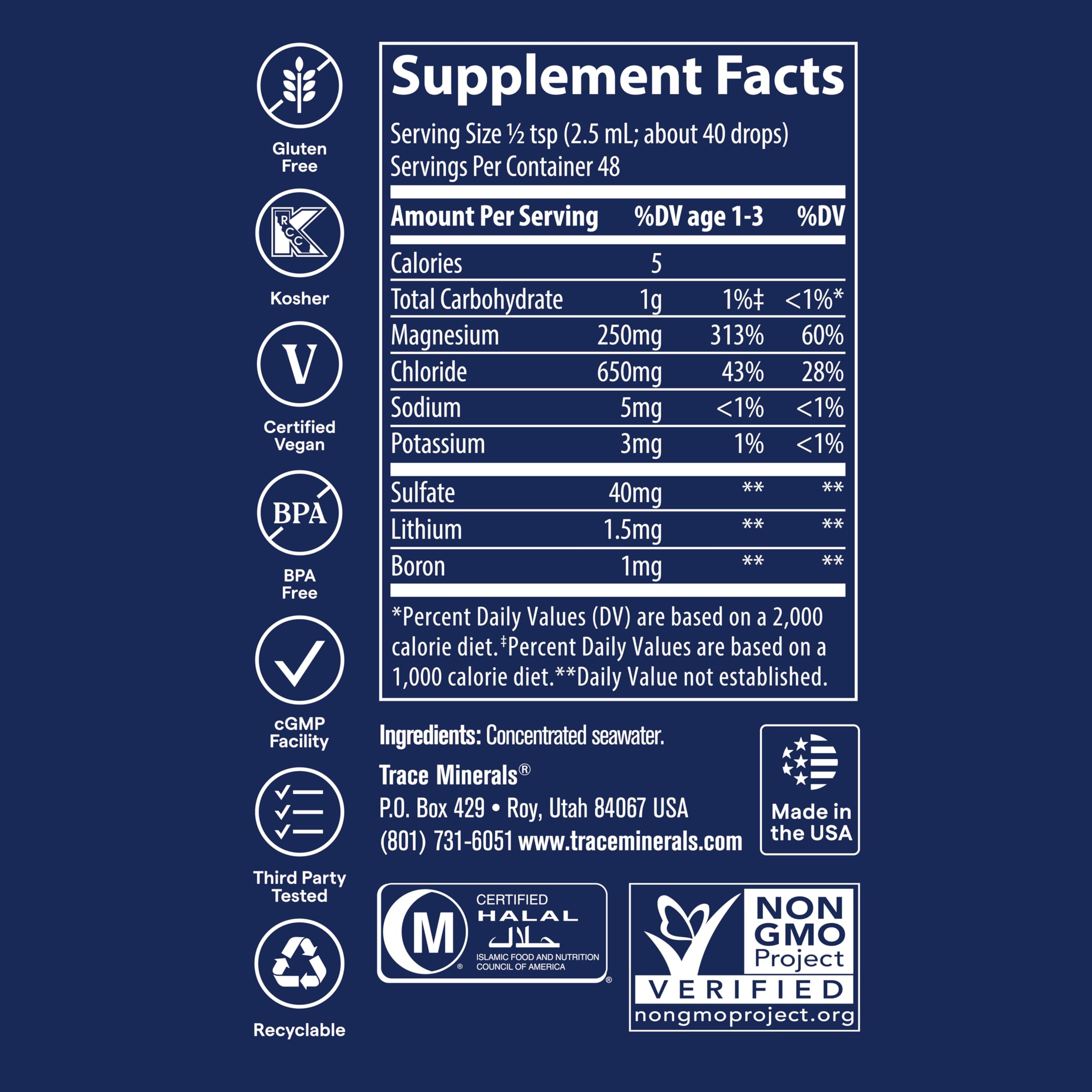 Trace Minerals ConcenTrace mineral profile showcases magnesium, potassium, and chloride for daily wellness.