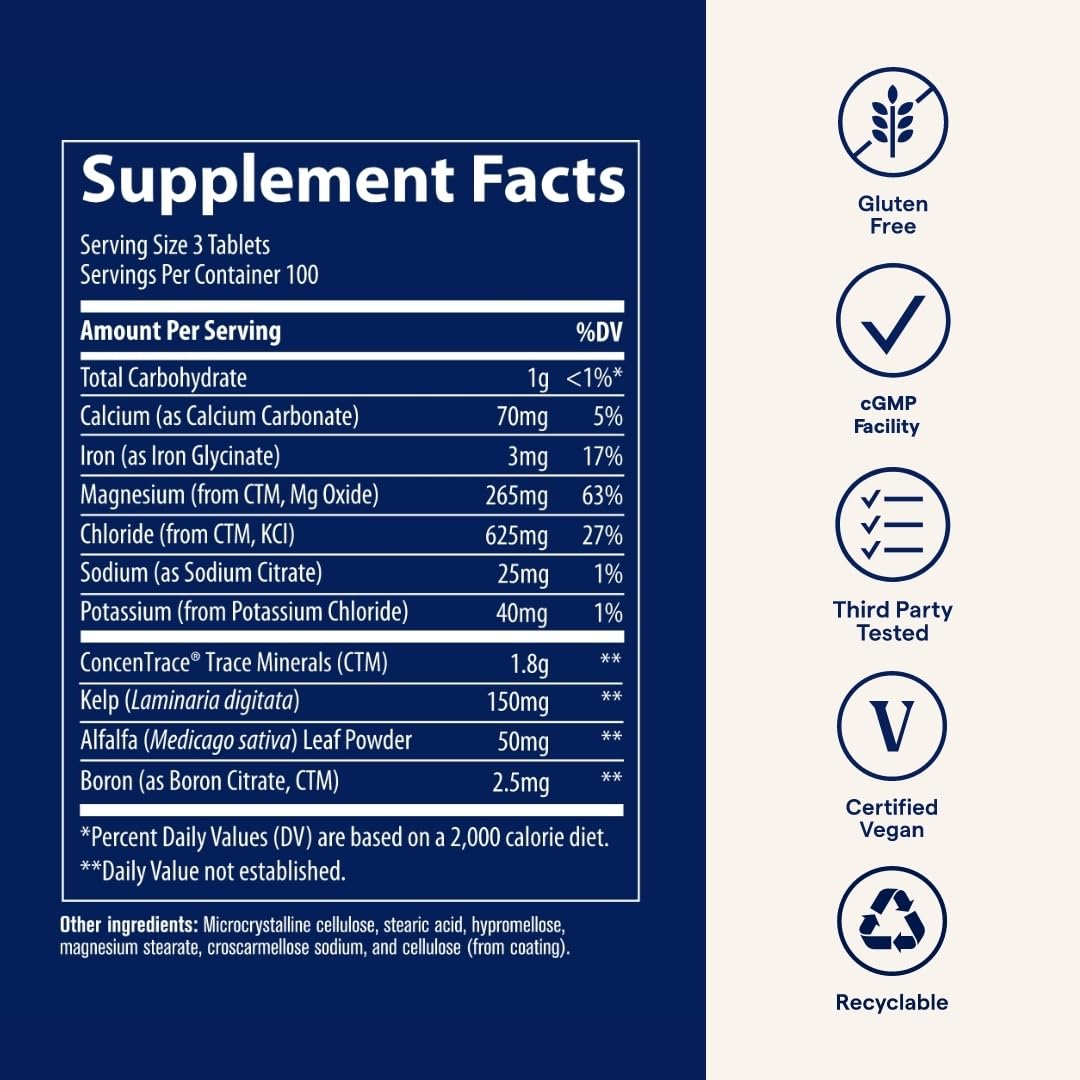 Trace Minerals ConcenTrace tablets dispensing into glass for daily intake.