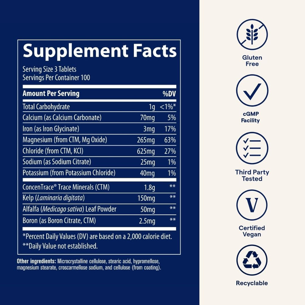 Trace Minerals ConcenTrace tablets dispensing into glass for daily intake.