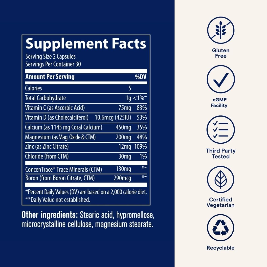 Trace Minerals Coral Calcium USA packaging emphasizes sustainable sourcing