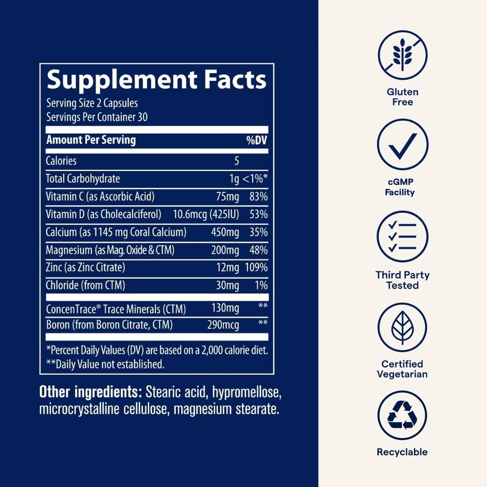 Trace Minerals Coral Calcium USA packaging emphasizes sustainable sourcing