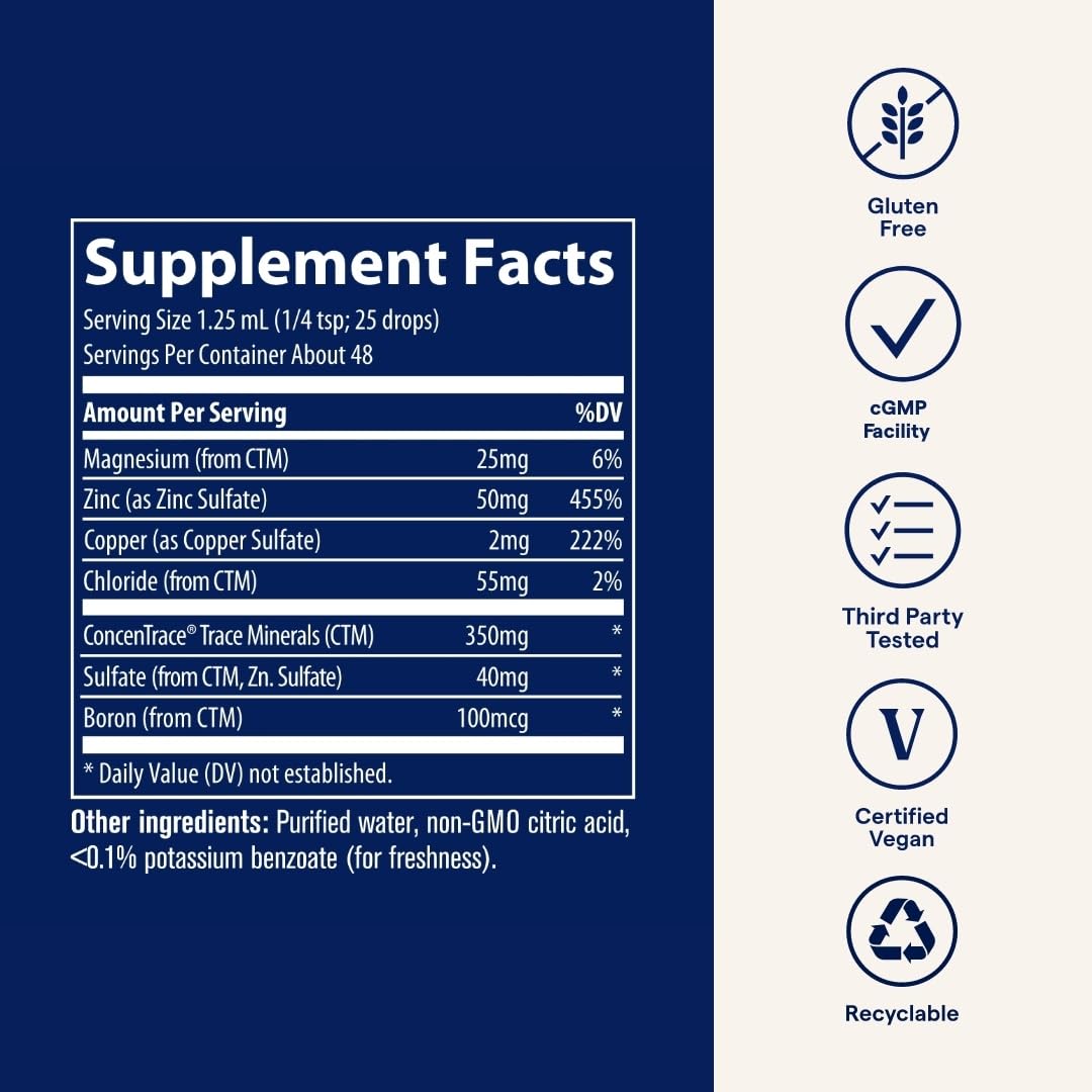 Trace Minerals Ionic Zinc drops label emphasizes USA-sourced minerals and history.