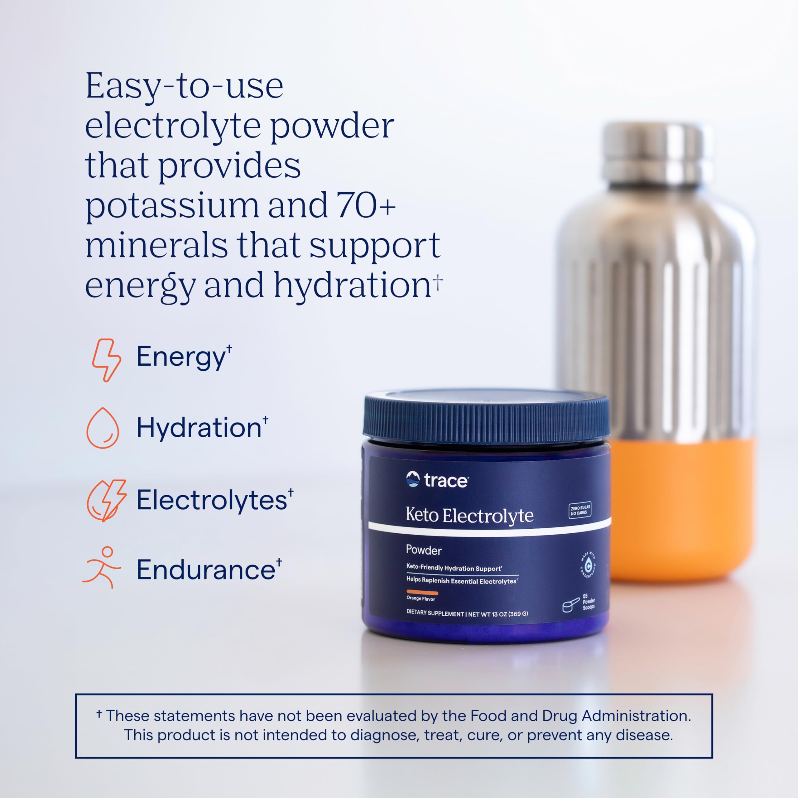 Trace Minerals Keto Electrolyte orange packaging closeup highlights zero sugar formula