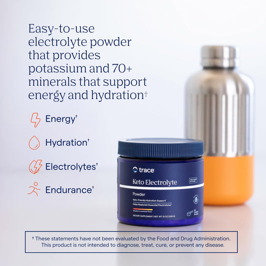 Trace Minerals Keto Electrolyte Powder bottle front highlights vegan gluten-free formula for everyday hydration