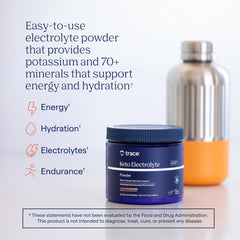 Trace Minerals Keto Electrolyte Powder bottle front highlights vegan gluten-free formula for everyday hydration