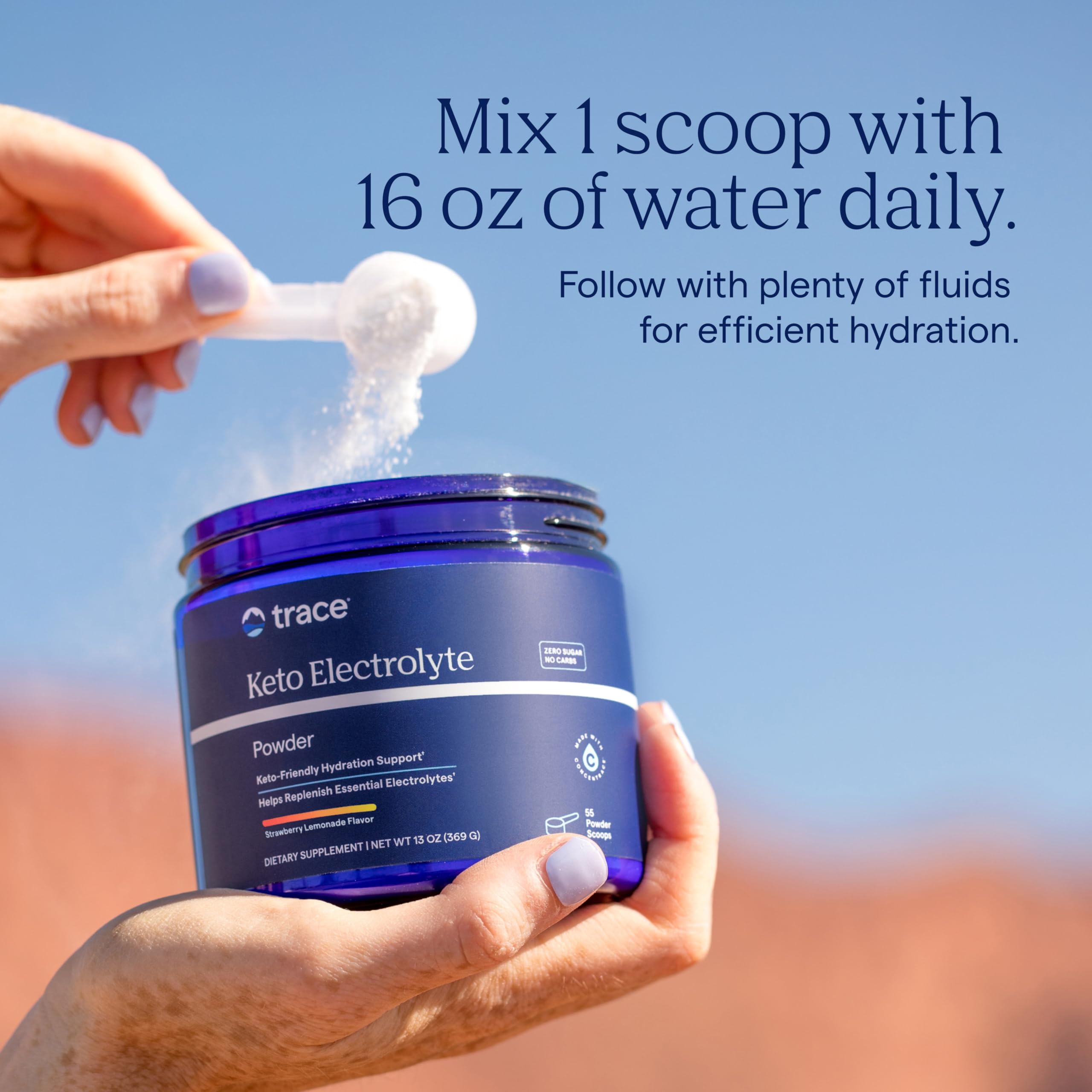 Trace Minerals Keto Electrolyte Powder mixing scene shows flavor release during activity