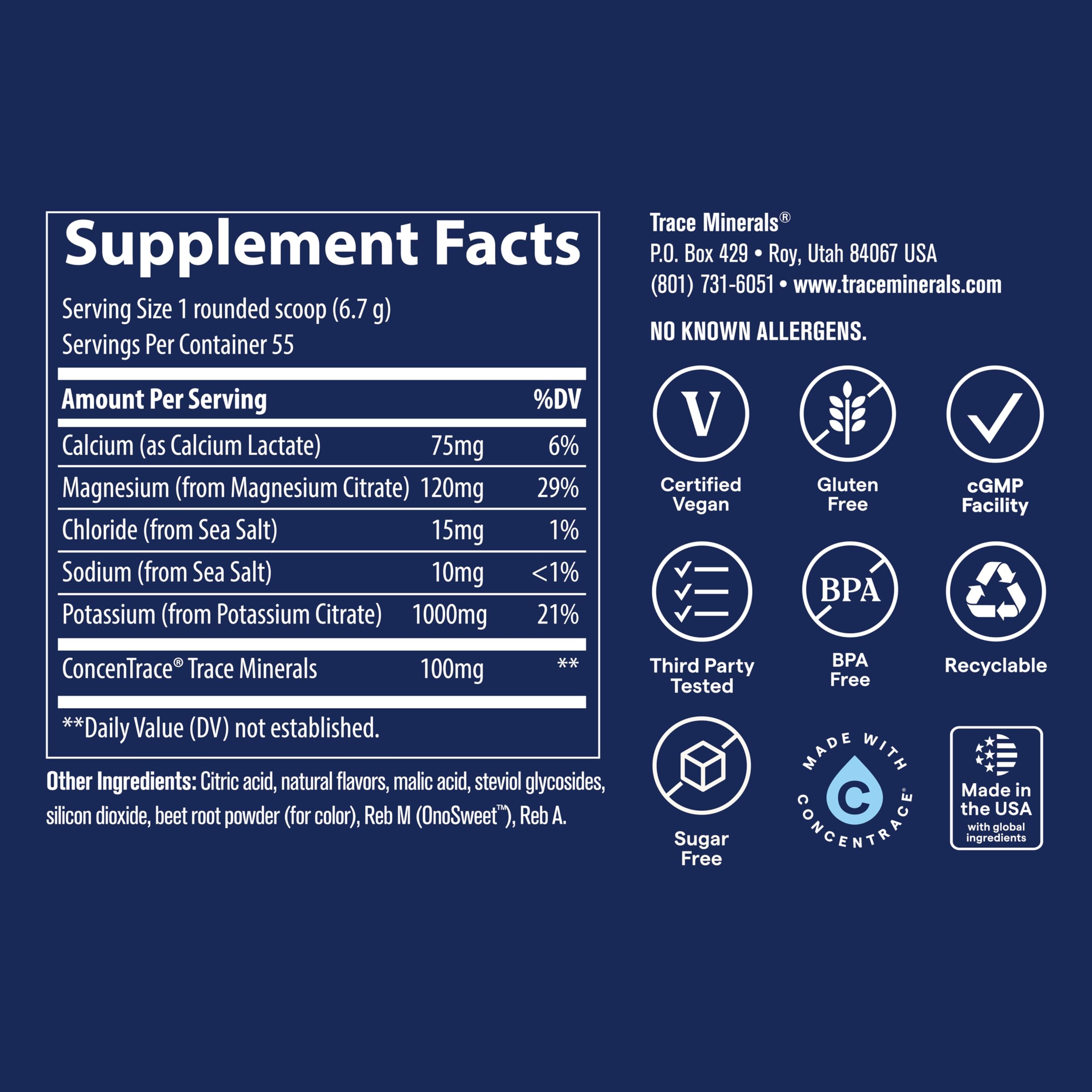 Trace Minerals Keto Electrolyte Powder nutrition panel emphasizes keto-friendly ingredients and trace minerals
