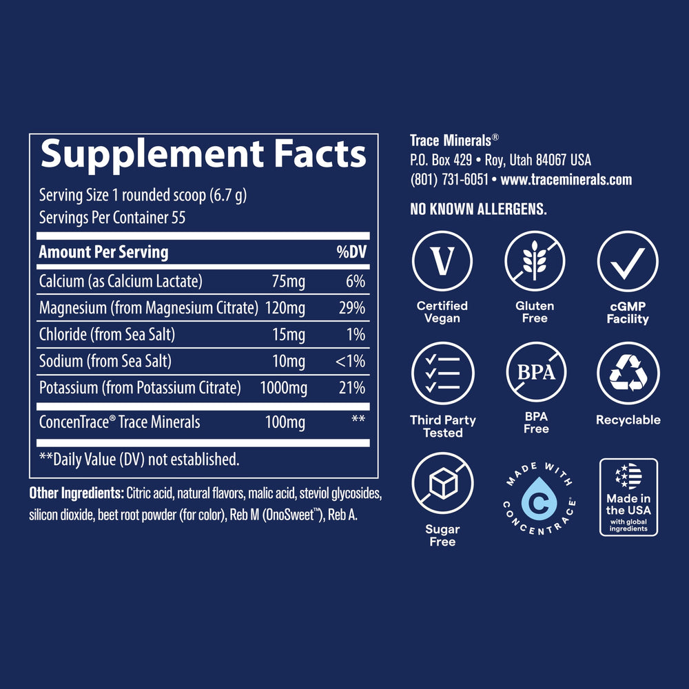 Trace Minerals Keto Electrolyte Powder nutrition panel emphasizes keto-friendly ingredients and trace minerals