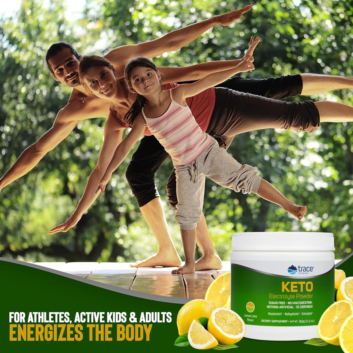Close-up of Trace Minerals Keto Electrolyte packaging highlighting zero sugar and gluten-free.