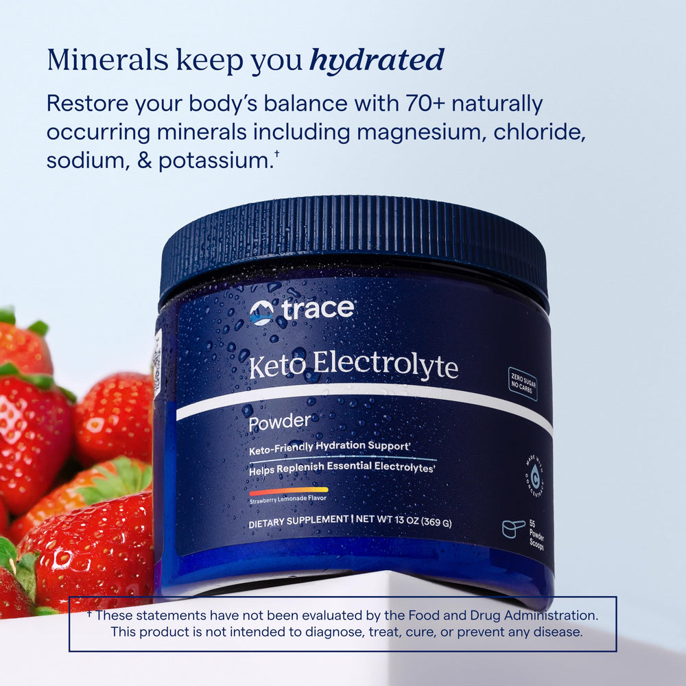 Trace Minerals Keto Electrolyte Powder packaging highlights USA-sourced minerals and sustainable harvesting