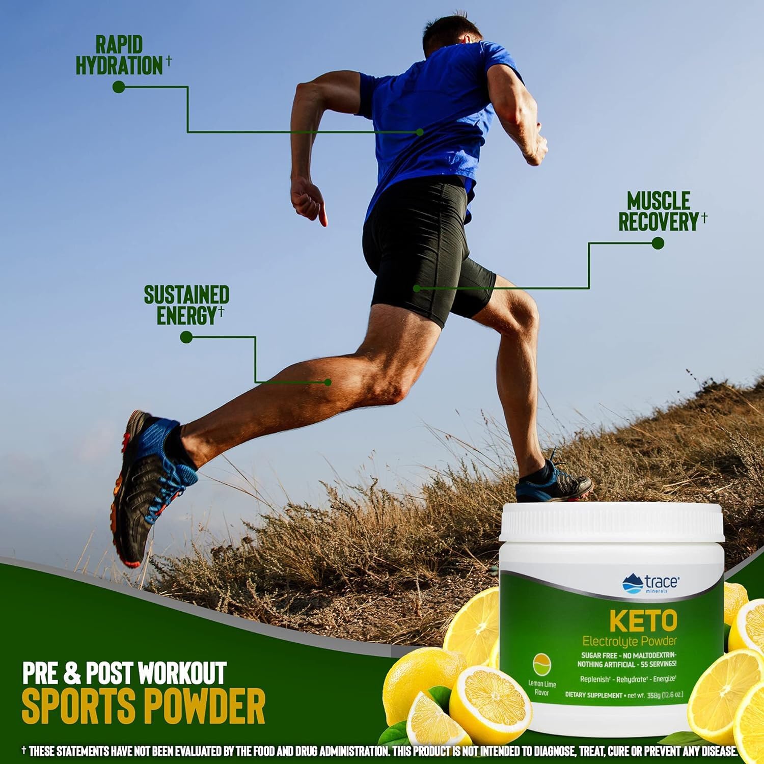 Trace Minerals Keto Electrolyte Zero Sugar powder supports low-carb hydration.