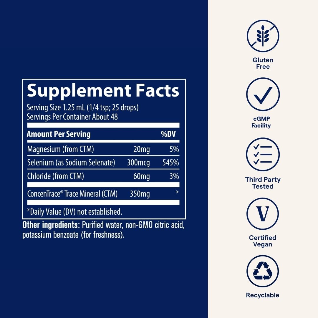 Trace Minerals selenium packaging emphasizing vegan, gluten-free, non-GMO attributes
