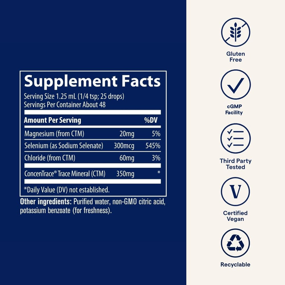 Trace Minerals selenium packaging emphasizing vegan, gluten-free, non-GMO attributes