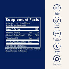 Trace Minerals selenium packaging emphasizing vegan, gluten-free, non-GMO attributes