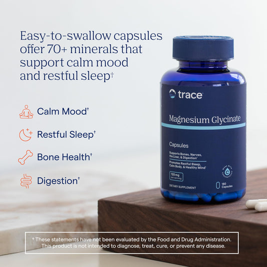 Trace Minerals Magnesium Glycinate capsules for daily restful sleep support.