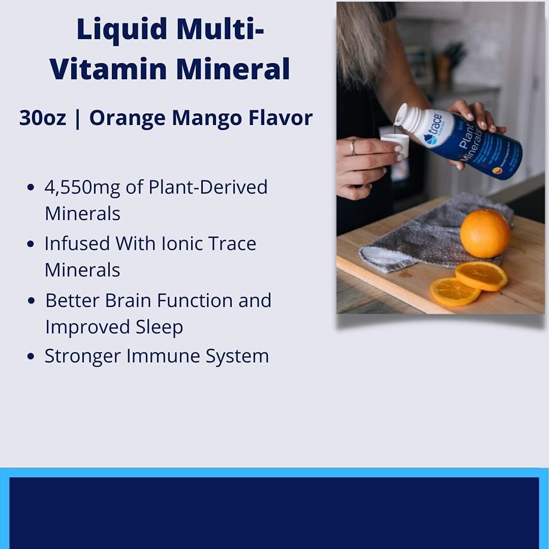 Trace Minerals orange mango bottle on counter for daily supplementation.