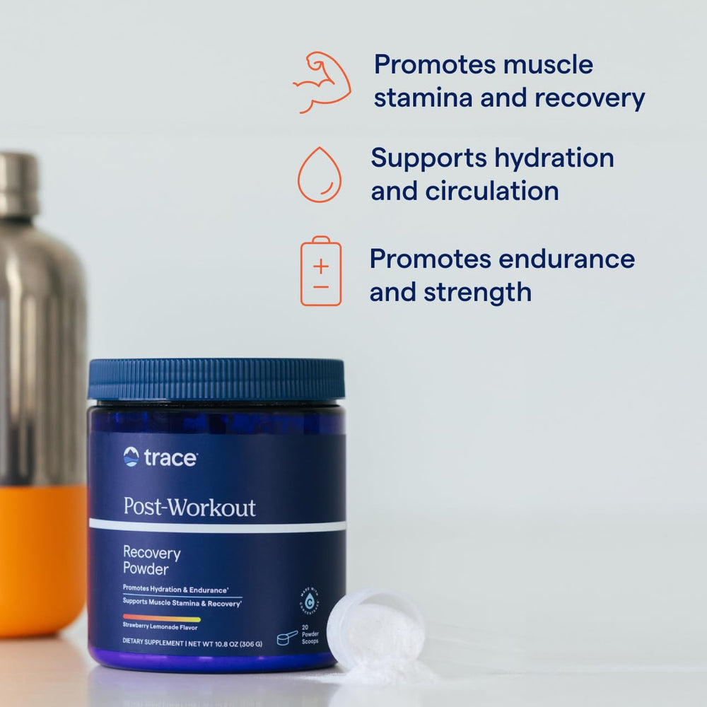 Trace Minerals Post-Workout on gym bench supports mineral balance.