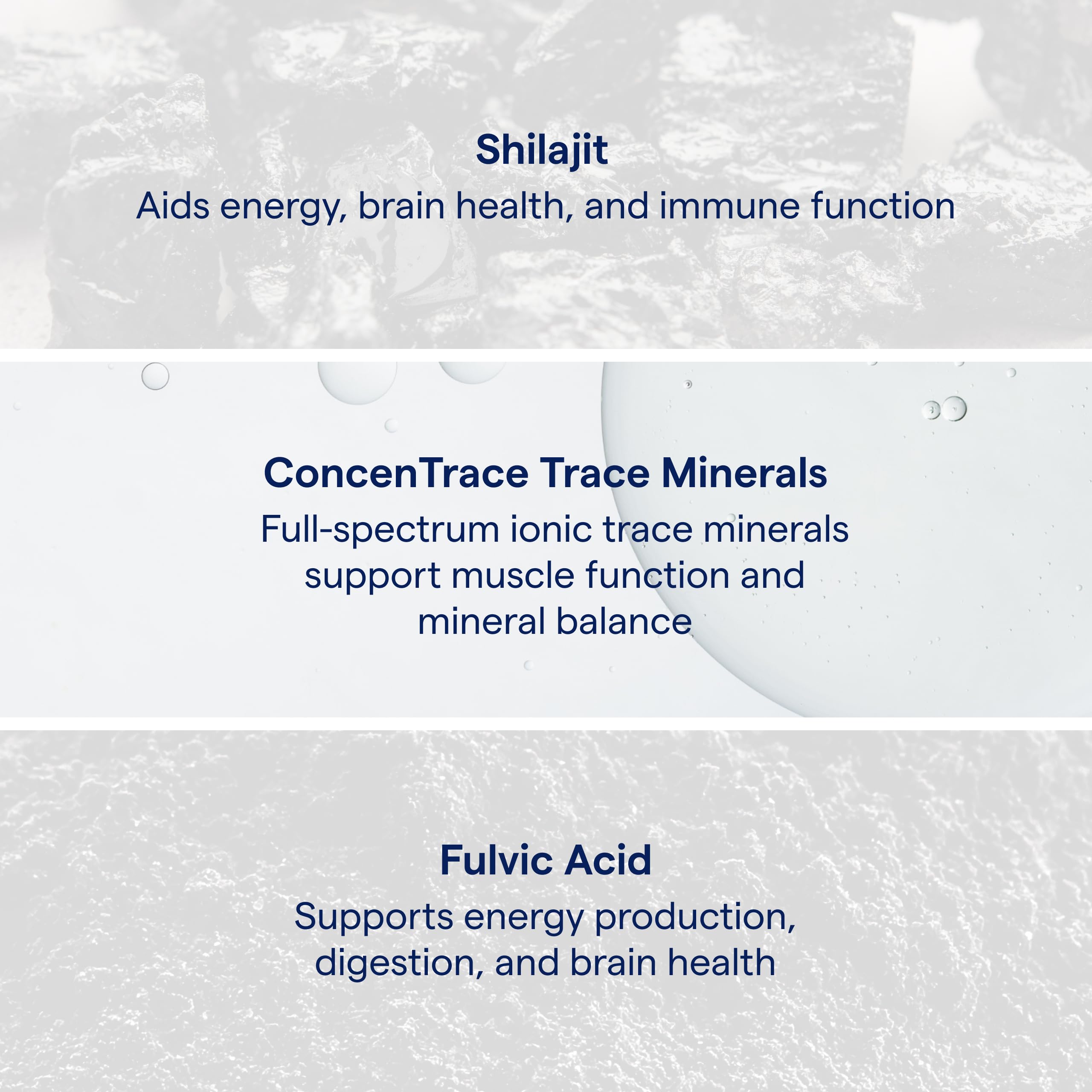 Ingredient panel showing fulvic and humic minerals alongside shilajit.