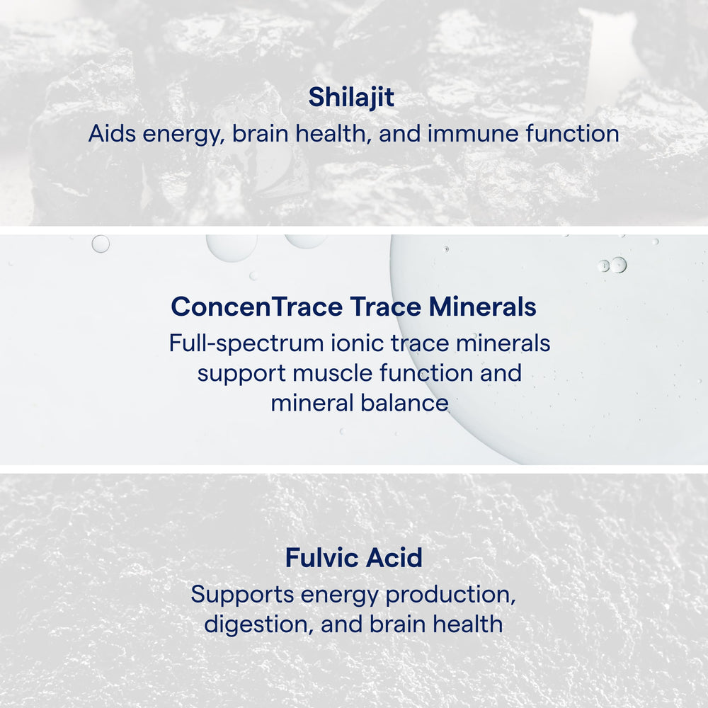 Ingredient panel showing fulvic and humic minerals alongside shilajit.