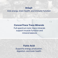 Ingredient panel showing fulvic and humic minerals alongside shilajit.