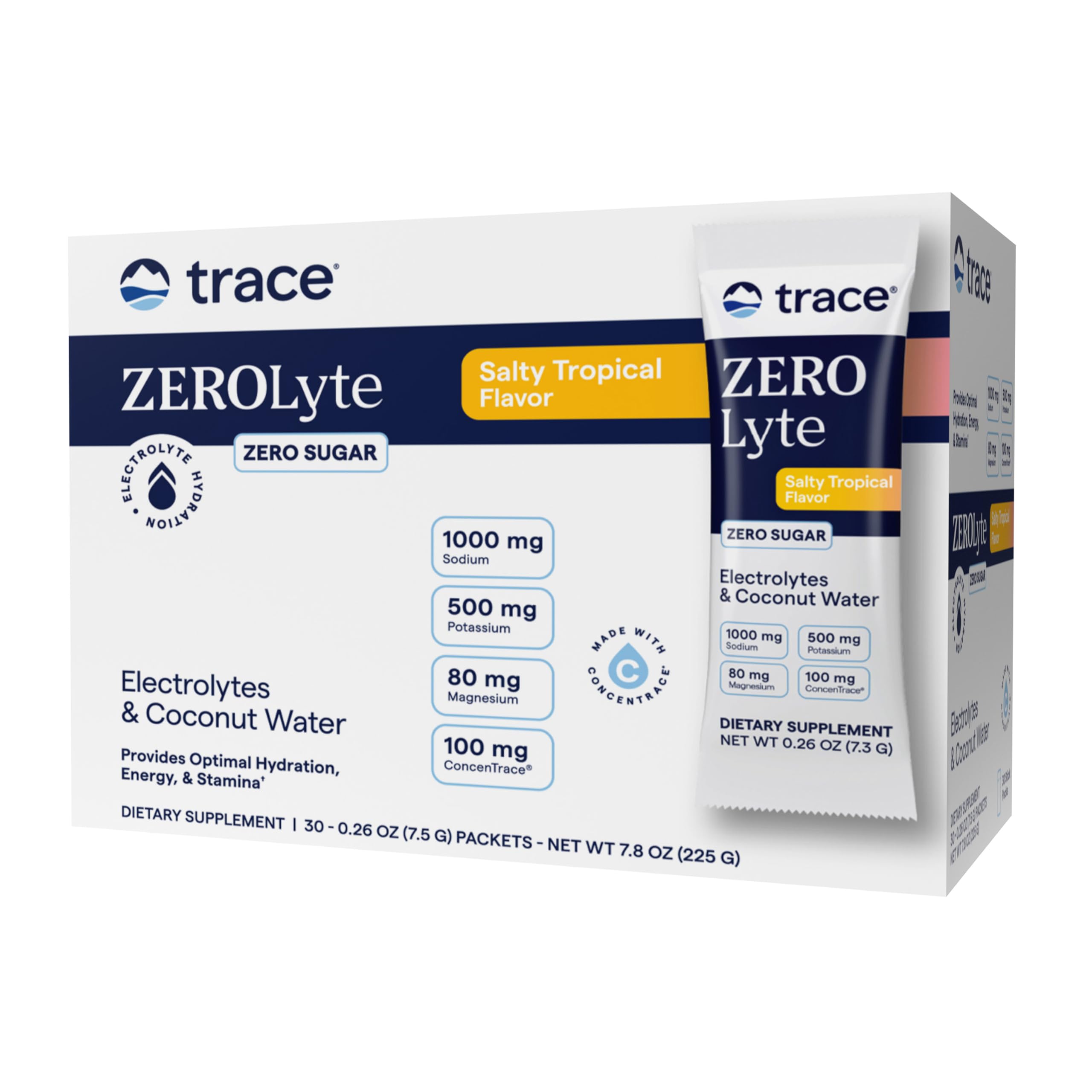 Trace Minerals ZeroLyte bottle pour highlighting tropical flavor and hydration support.