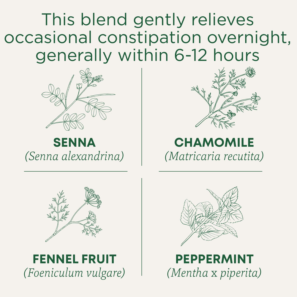 Traditional Medicinals Chamomile Senna leaves close-up, highlighting a herbal blend for gentle regularity.