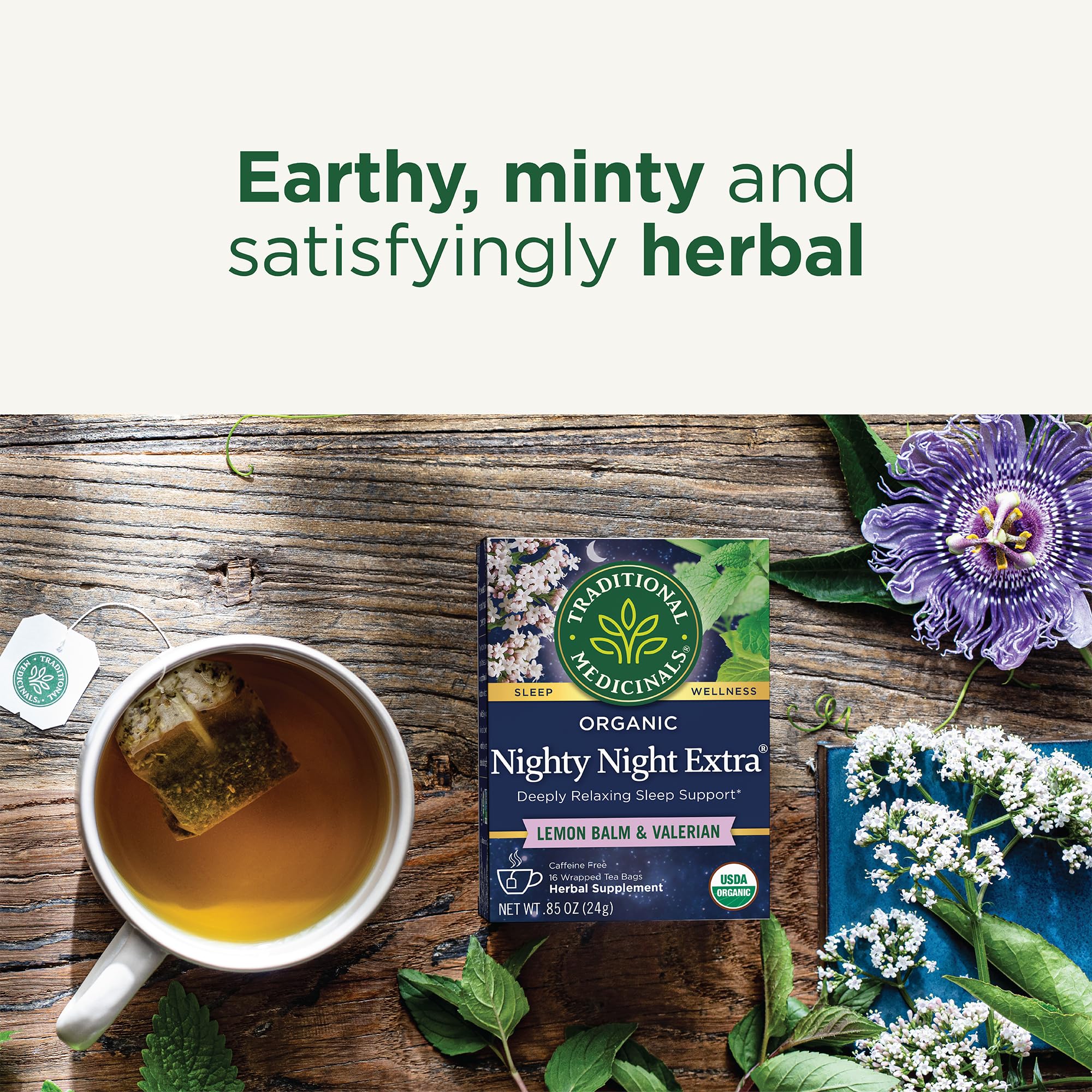 Steaming cup of Traditional Medicinals Nighty Night Extra signaling relaxation.