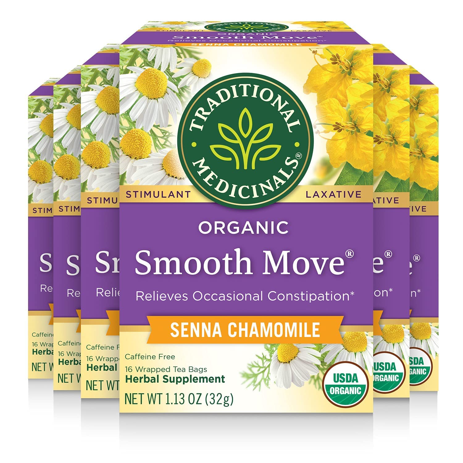 Traditional Medicinals Smooth Move tea bags beside a cup, overnight relief potential.