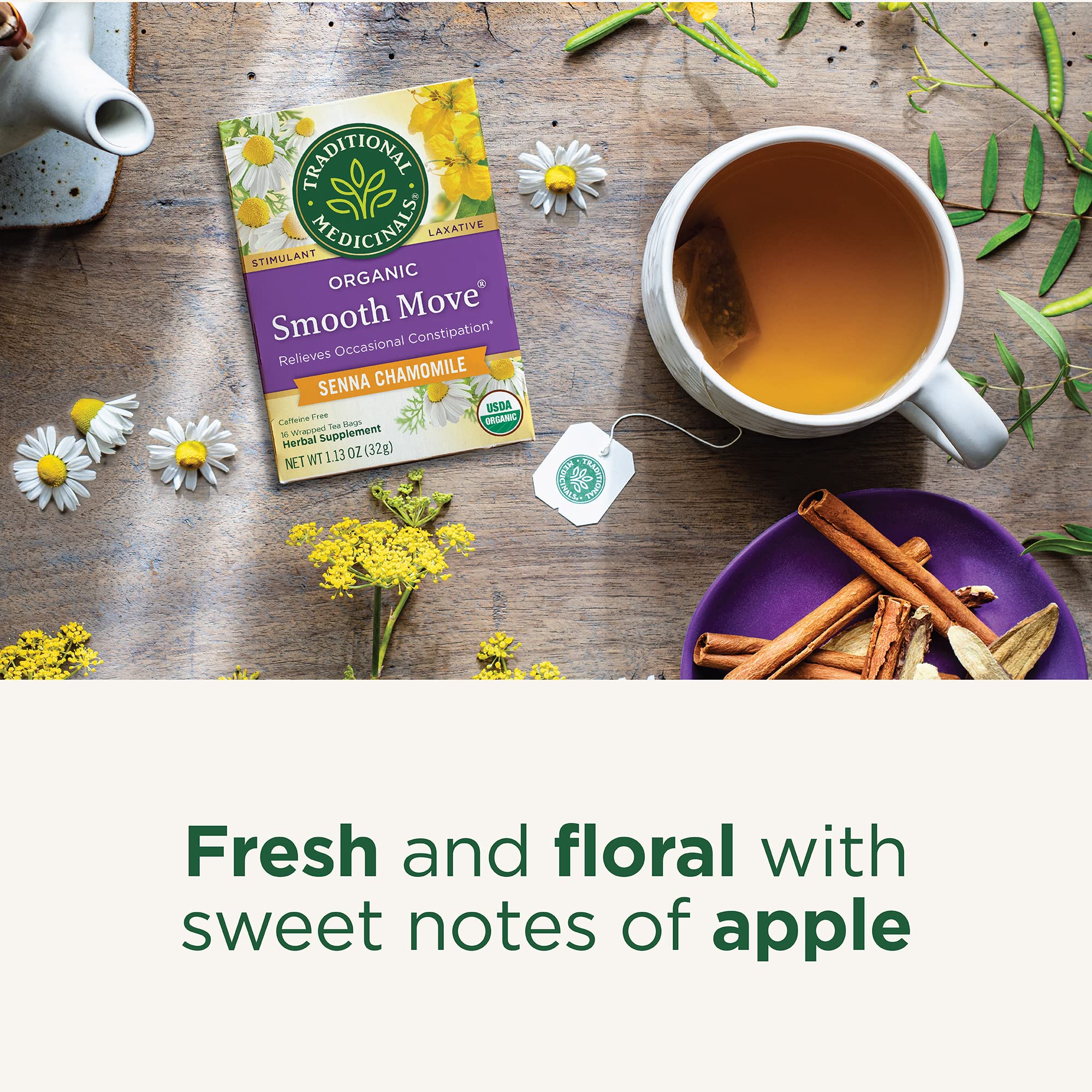 Traditional Medicinals tea bag over hot water, capturing fresh floral aroma for a soothing moment.