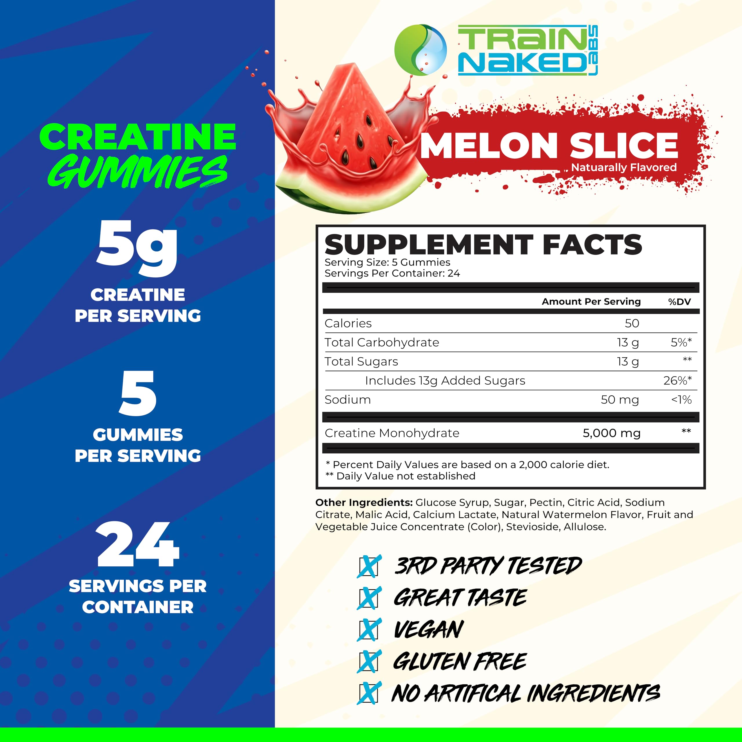 Train Naked Labs Creatine Gummies Gluten-Free Vegan Label: vegan and gluten-free formulation for dietary flexibility.