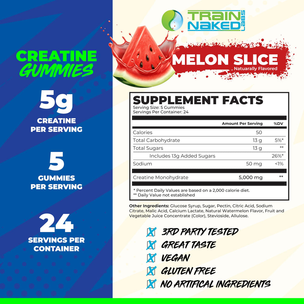 Train Naked Labs Creatine Gummies Gluten-Free Vegan Label: vegan and gluten-free formulation for dietary flexibility.